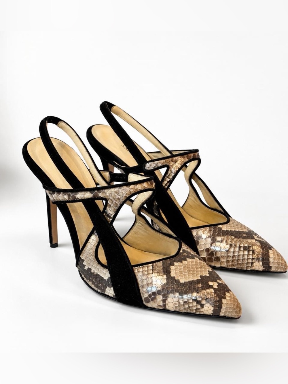 Sarah Flint NWOB 2015 Gilda Snakeskin &Suede Slingback Pumps, 41, tan/blk